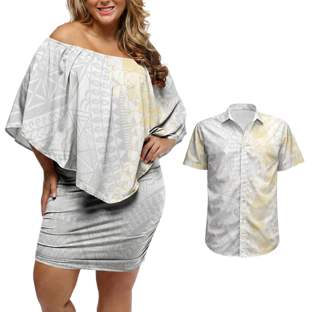Niue White Sunday Couples Matching Off Shoulder Short Dress and Hawaiian Shirt Niuean Hiapo With Puakenikeni Lei