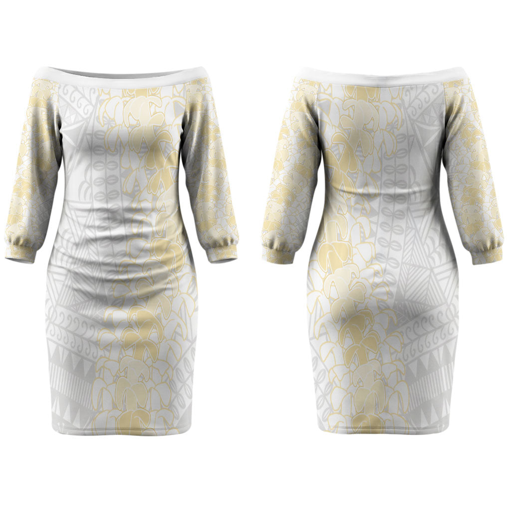 Niue White Sunday Couples Matching Off The Shoulder Long Sleeve Dress and Long Sleeve Button Shirt Niuean Hiapo With Puakenikeni Lei