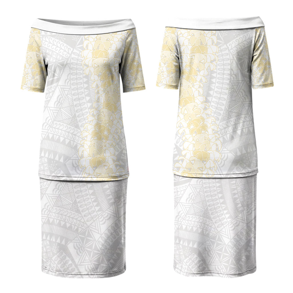 Niue White Sunday Couples Matching Puletasi and Long Sleeve Button Shirt Niuean Hiapo With Puakenikeni Lei