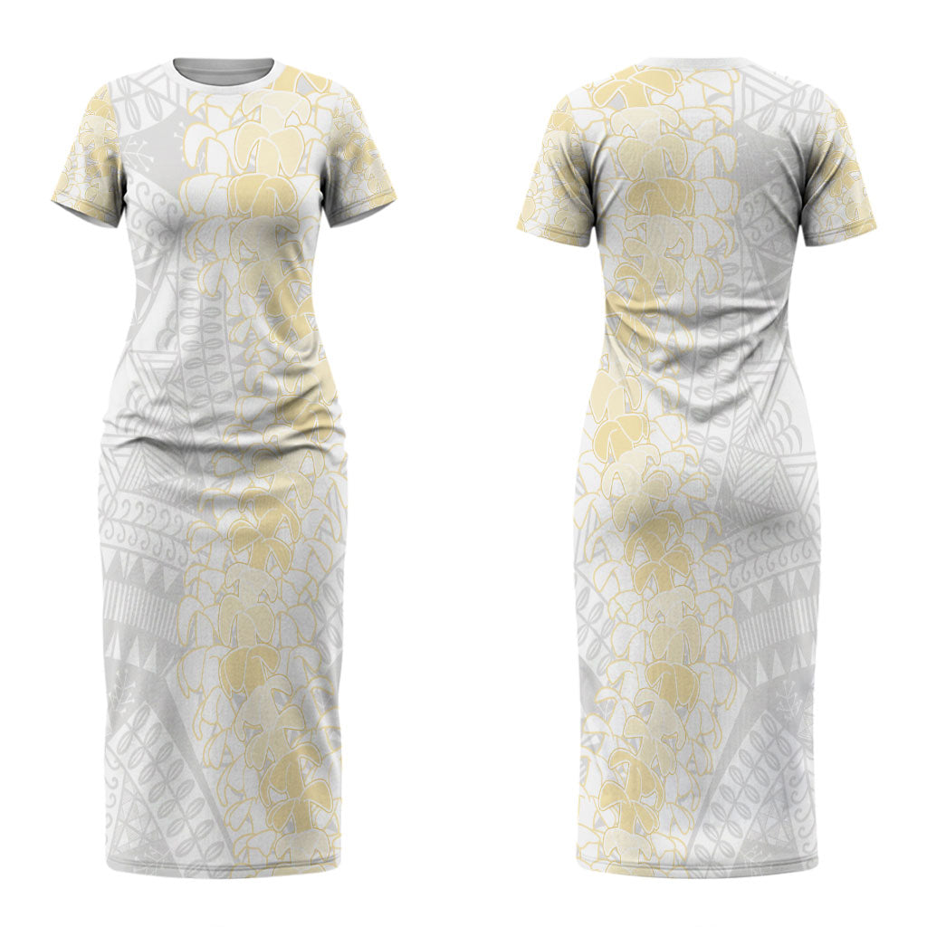 Niue White Sunday Couples Matching Short Sleeve Bodycon Dress and Hawaiian Shirt Niuean Hiapo With Puakenikeni Lei