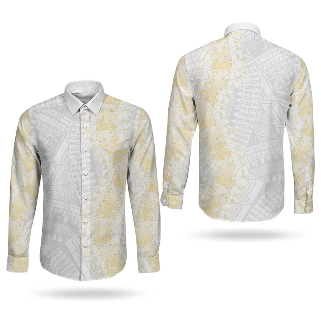 Niue White Sunday Couples Matching Short Sleeve Bodycon Dress and Long Sleeve Button Shirt Niuean Hiapo With Puakenikeni Lei