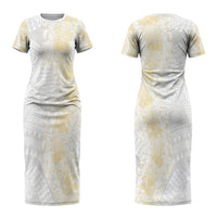 Niue White Sunday Couples Matching Short Sleeve Bodycon Dress and Long Sleeve Button Shirt Niuean Hiapo With Puakenikeni Lei