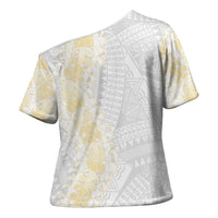 Niue White Sunday Cross Shoulder Shirt Niuean Hiapo With Puakenikeni Lei