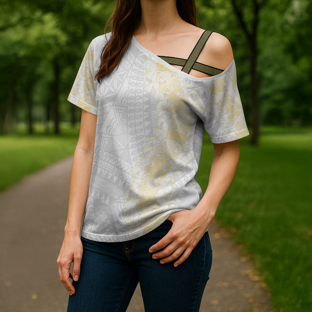 Niue White Sunday Cross Shoulder Shirt Niuean Hiapo With Puakenikeni Lei
