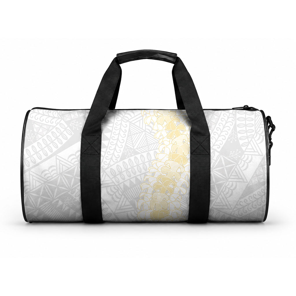 Niue White Sunday Duffle Bag Niuean Hiapo With Puakenikeni Lei