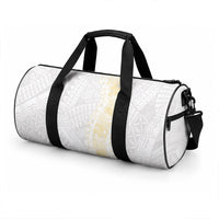 Niue White Sunday Duffle Bag Niuean Hiapo With Puakenikeni Lei