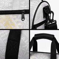 Niue White Sunday Duffle Bag Niuean Hiapo With Puakenikeni Lei