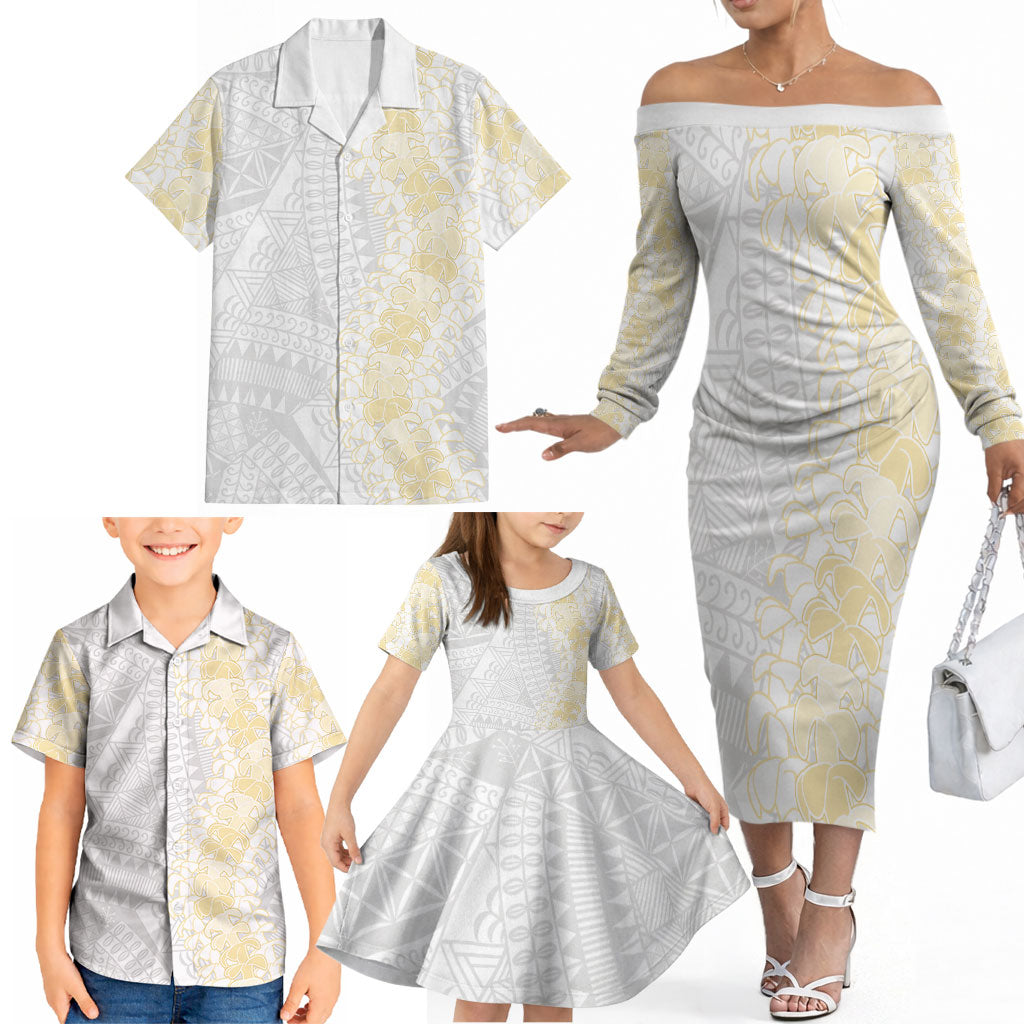 Niue White Sunday Family Matching Off The Shoulder Long Sleeve Dress and Hawaiian Shirt Niuean Hiapo With Puakenikeni Lei