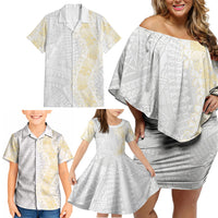 Niue White Sunday Family Matching Off Shoulder Short Dress and Hawaiian Shirt Niuean Hiapo With Puakenikeni Lei
