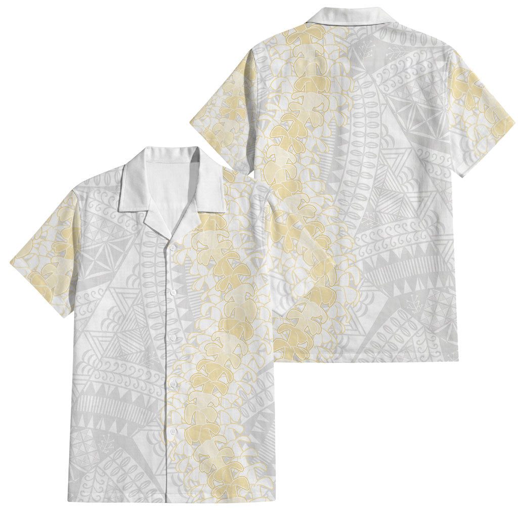 Niue White Sunday Family Matching Off Shoulder Short Dress and Hawaiian Shirt Niuean Hiapo With Puakenikeni Lei