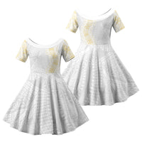 Niue White Sunday Family Matching Off Shoulder Short Dress and Hawaiian Shirt Niuean Hiapo With Puakenikeni Lei