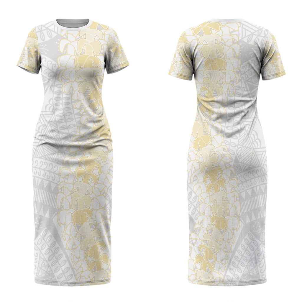 Niue White Sunday Family Matching Short Sleeve Bodycon Dress and Hawaiian Shirt Niuean Hiapo With Puakenikeni Lei