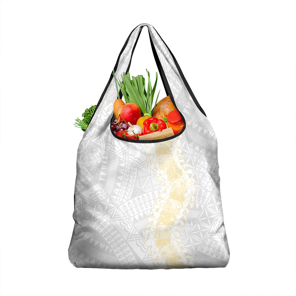 Niue White Sunday Grocery Bag Niuean Hiapo With Puakenikeni Lei