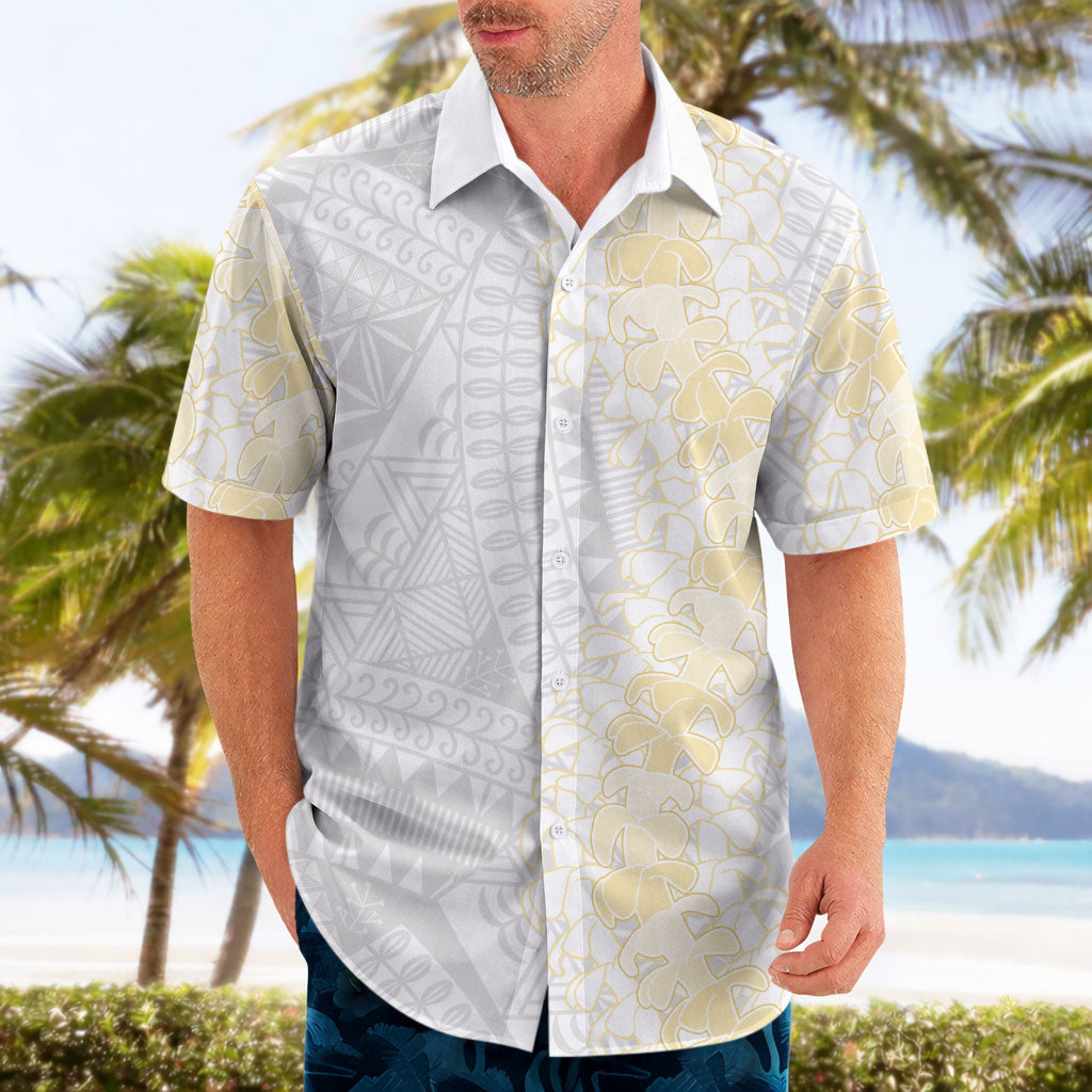 Niue White Sunday Hawaiian Shirt Niuean Hiapo With Puakenikeni Lei