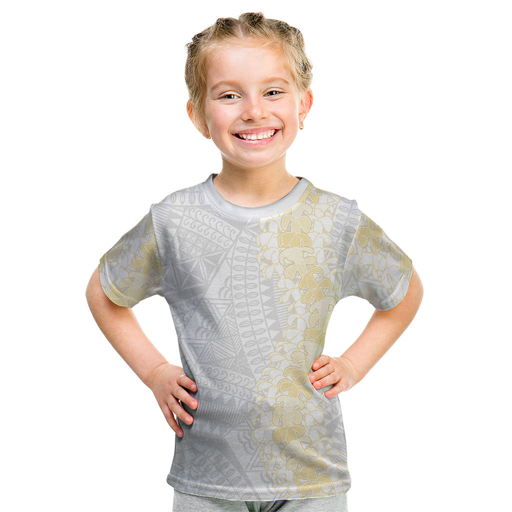 Niue White Sunday Kid T Shirt Niuean Hiapo With Puakenikeni Lei