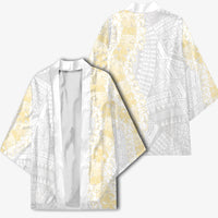 Niue White Sunday Kimono Niuean Hiapo With Puakenikeni Lei