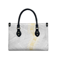 Niue White Sunday Leather Bag Niuean Hiapo With Puakenikeni Lei