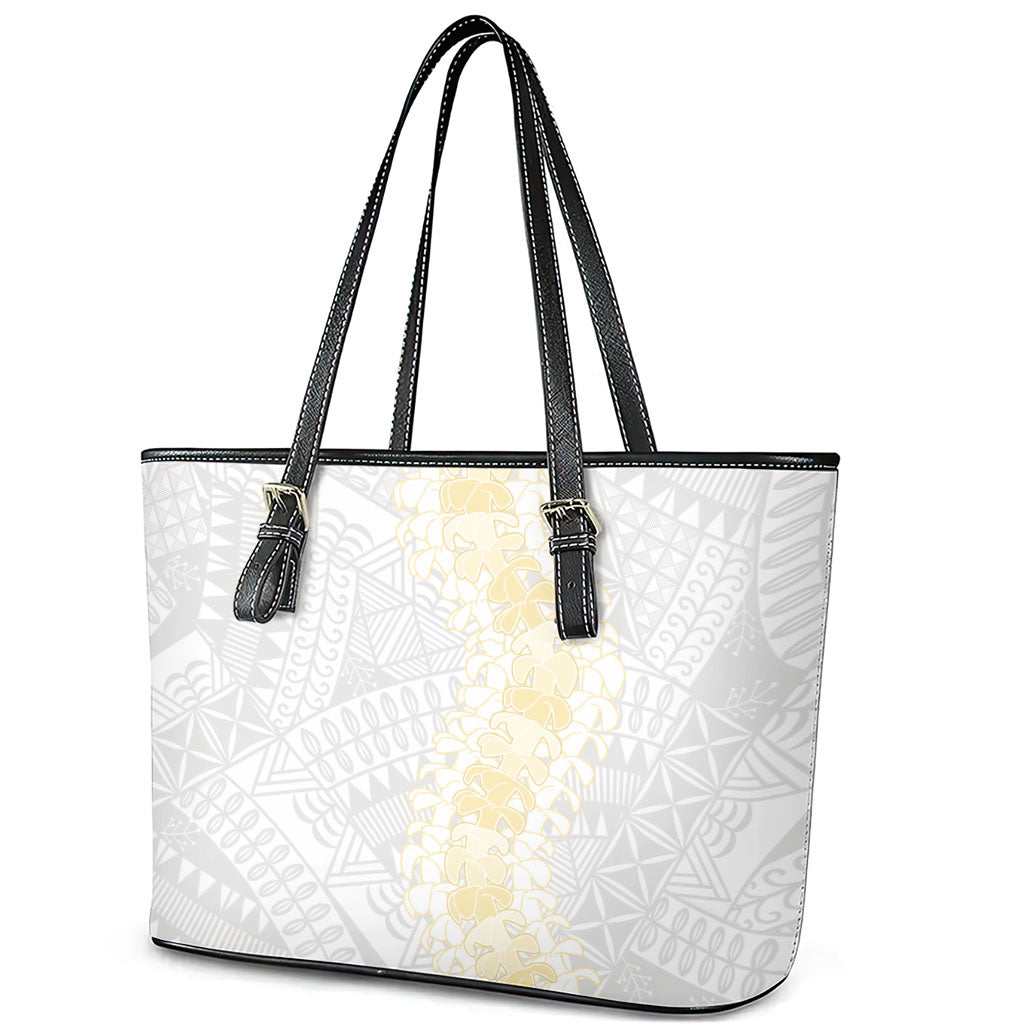 Niue White Sunday Leather Tote Bag Niuean Hiapo With Puakenikeni Lei