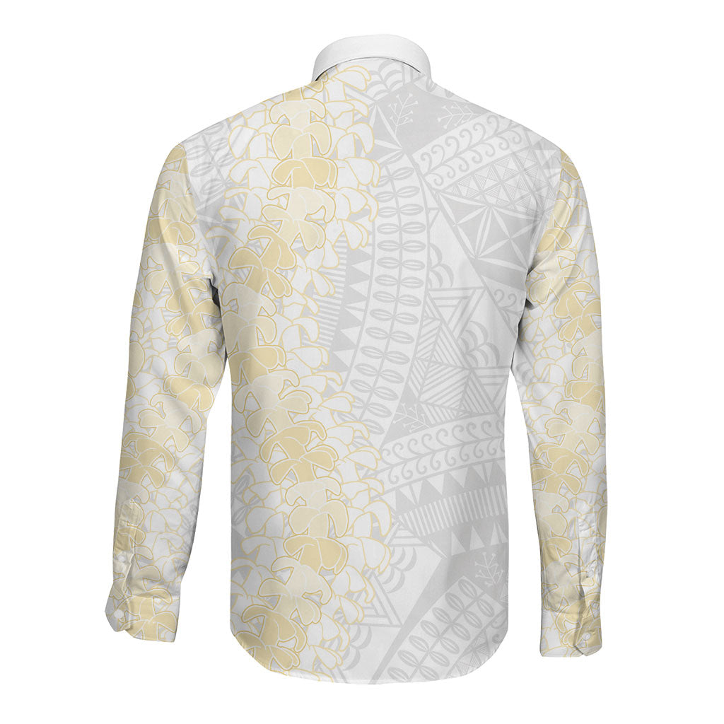 Niue White Sunday Long Sleeve Button Shirt Niuean Hiapo With Puakenikeni Lei