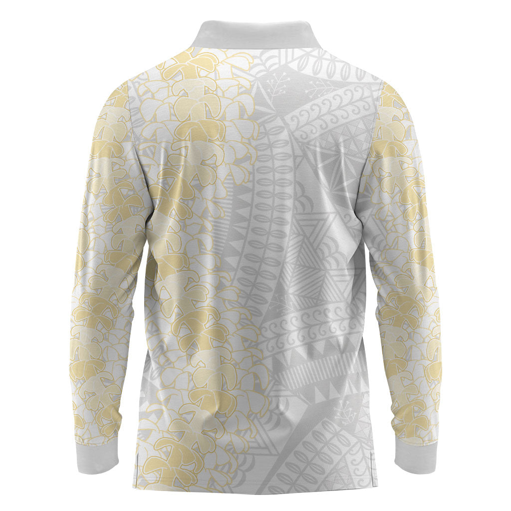 Niue White Sunday Long Sleeve Polo Shirt Niuean Hiapo With Puakenikeni Lei