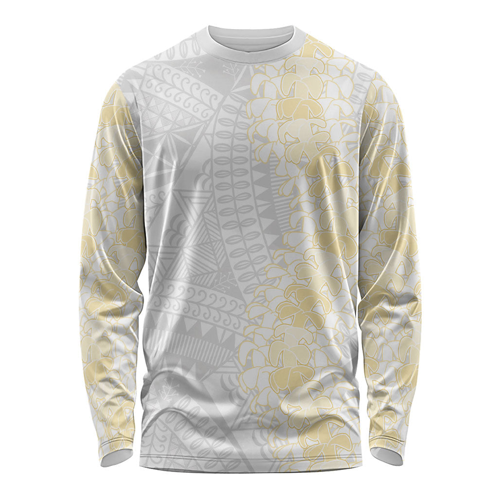 Niue White Sunday Long Sleeve Shirt Niuean Hiapo With Puakenikeni Lei