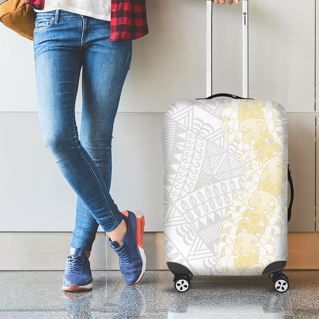 Niue White Sunday Luggage Cover Niuean Hiapo With Puakenikeni Lei