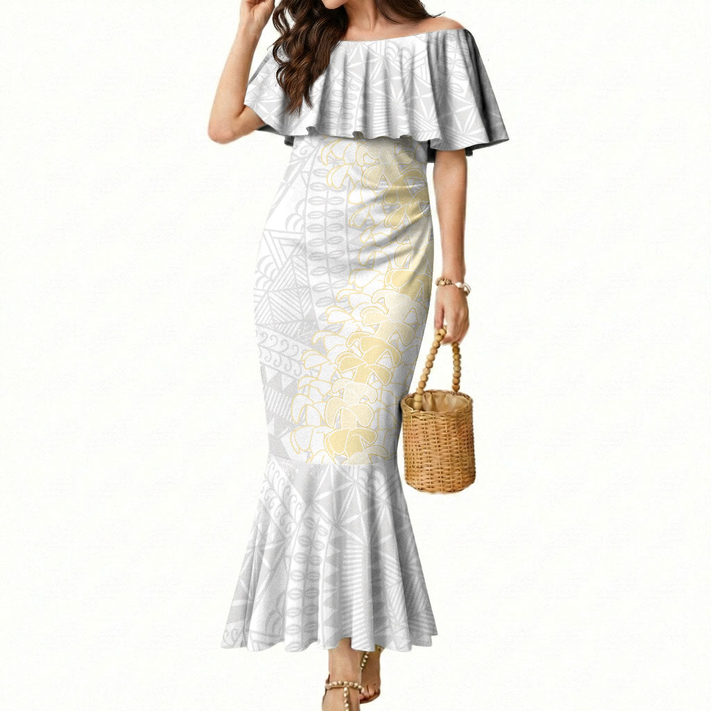 Niue White Sunday Mermaid Dress Niuean Hiapo With Puakenikeni Lei