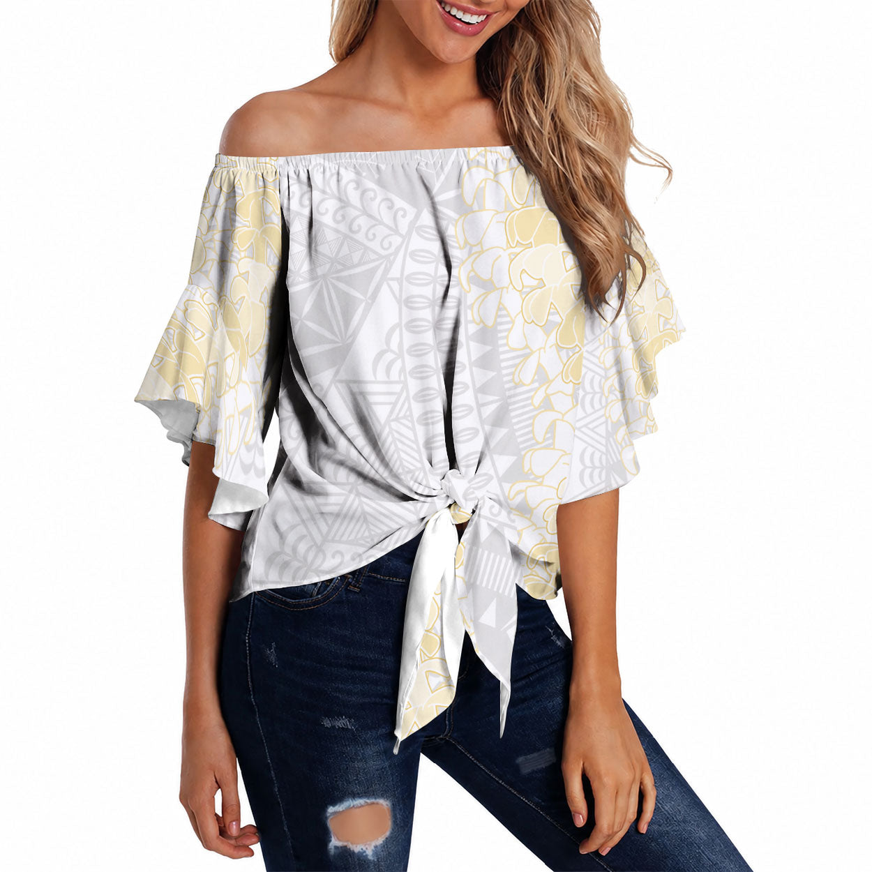 Niue White Sunday Off Shoulder Wrap Waist Top Niuean Hiapo With Puakenikeni Lei LT05 White - Polynesian Pride