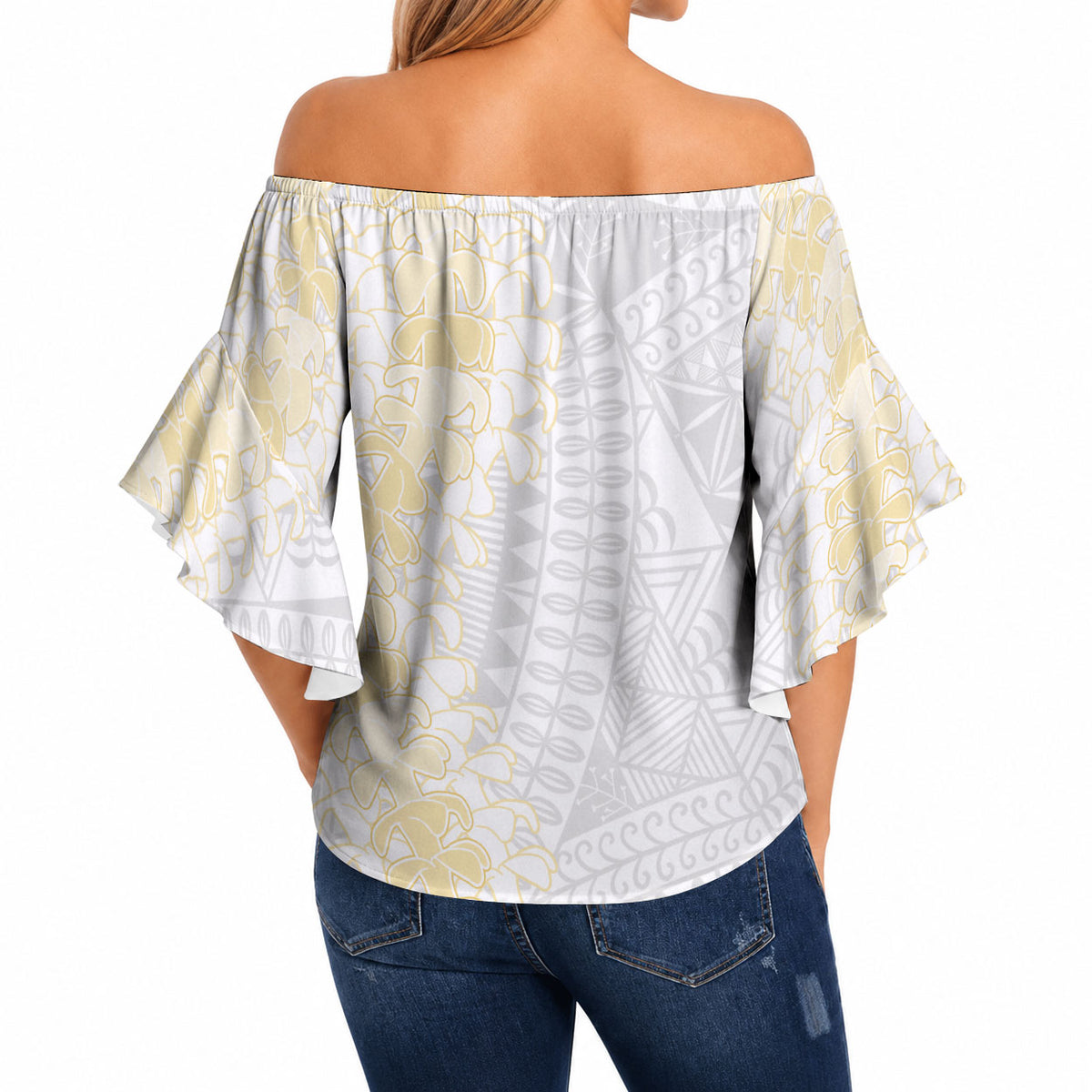 Niue White Sunday Off Shoulder Wrap Waist Top Niuean Hiapo With Puakenikeni Lei