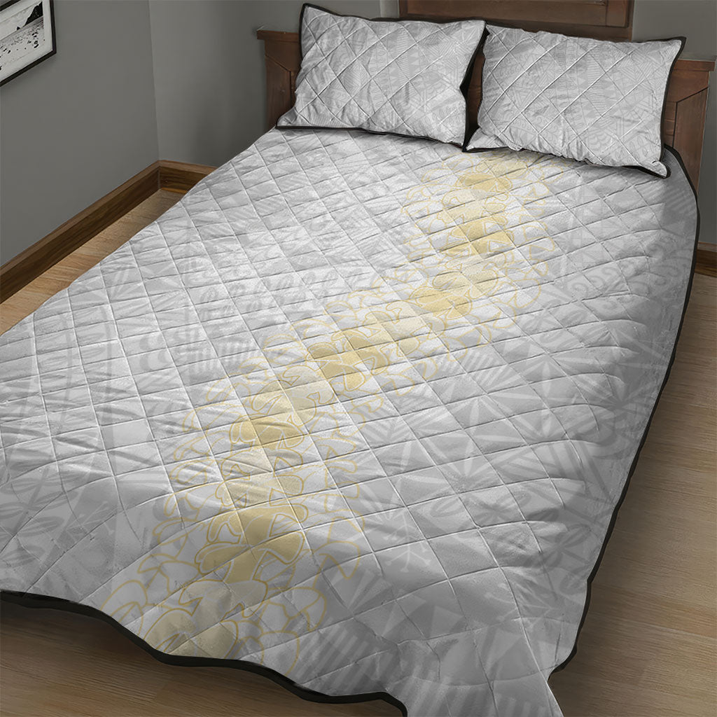 Niue White Sunday Quilt Bed Set Niuean Hiapo With Puakenikeni Lei