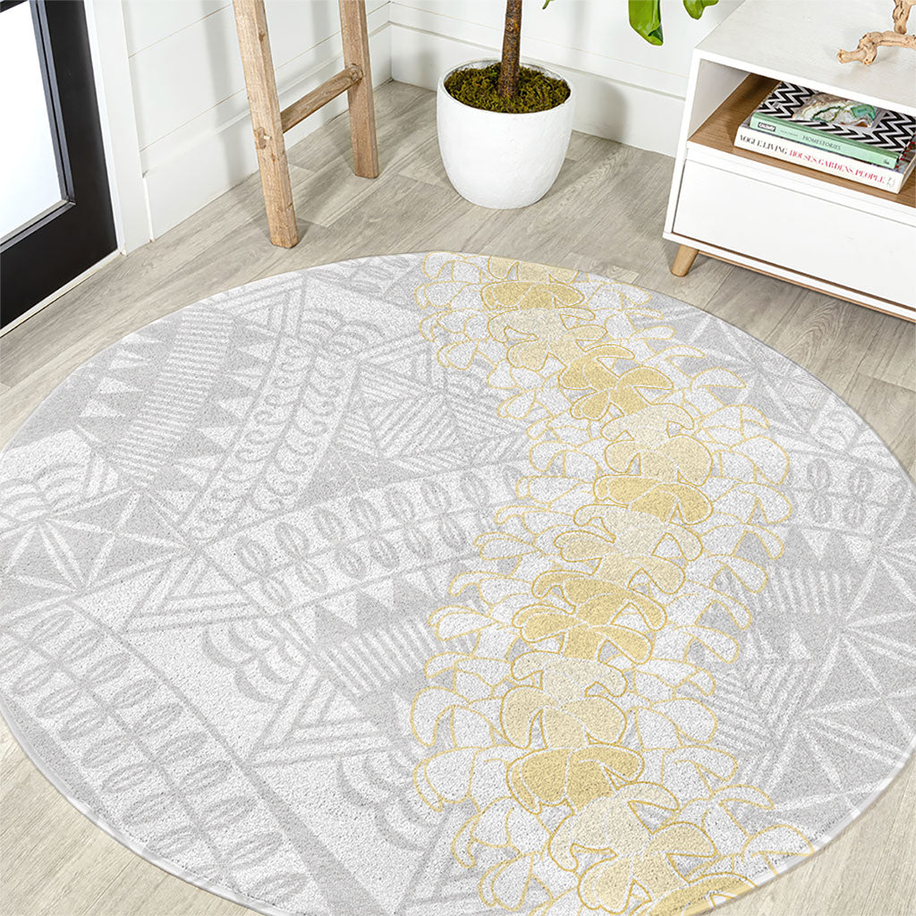 Niue White Sunday Round Carpet Niuean Hiapo With Puakenikeni Lei