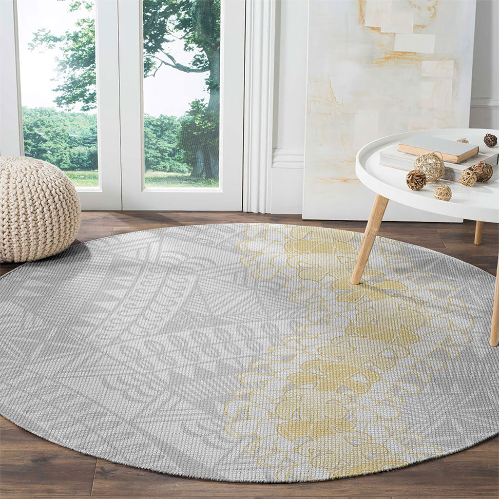 Niue White Sunday Round Carpet Niuean Hiapo With Puakenikeni Lei