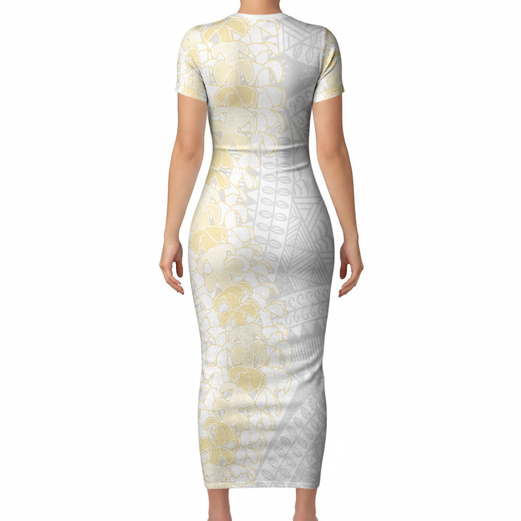 Niue White Sunday Short Sleeve Bodycon Dress Niuean Hiapo With Puakenikeni Lei