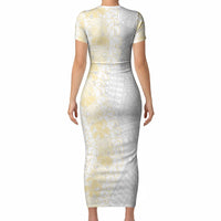 Niue White Sunday Short Sleeve Bodycon Dress Niuean Hiapo With Puakenikeni Lei