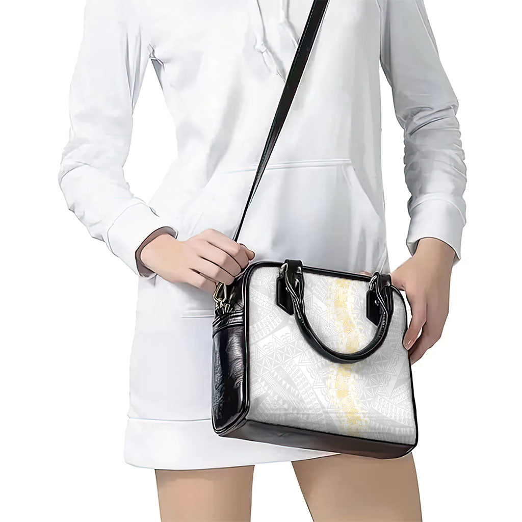 Niue White Sunday Shoulder Handbag Niuean Hiapo With Puakenikeni Lei