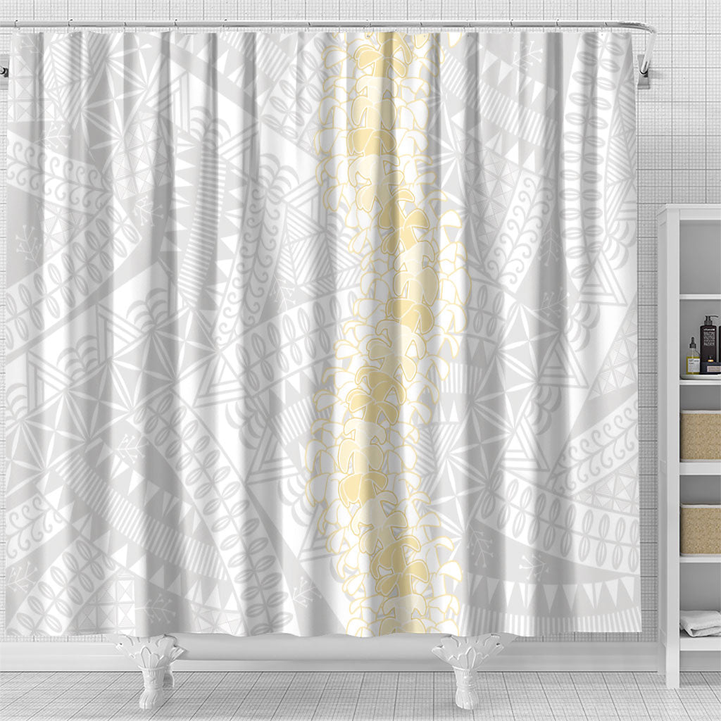 Niue White Sunday Shower Curtain Niuean Hiapo With Puakenikeni Lei