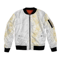 Niue White Sunday Sleeve Zip Bomber Jacket Niuean Hiapo With Puakenikeni Lei