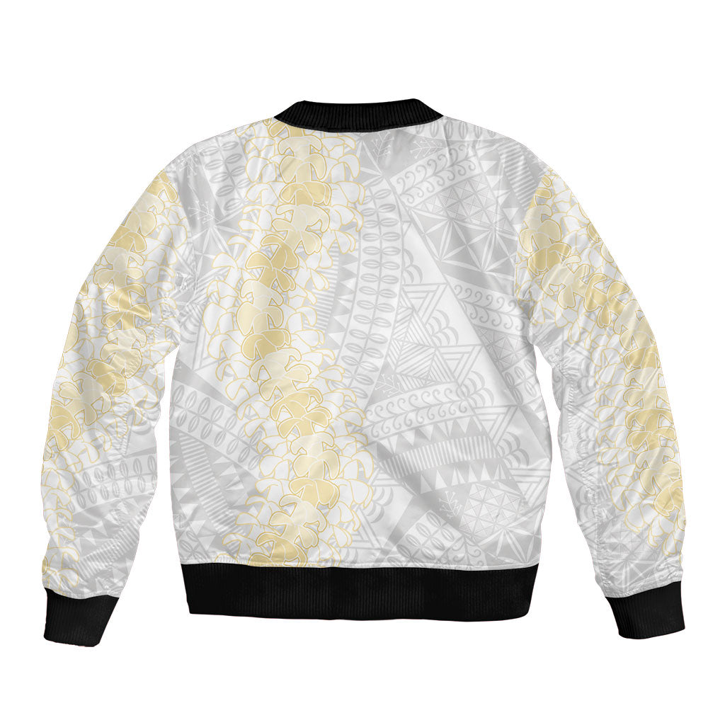 Niue White Sunday Sleeve Zip Bomber Jacket Niuean Hiapo With Puakenikeni Lei