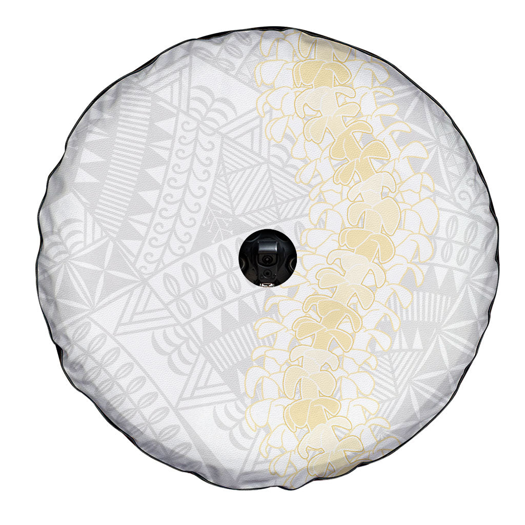 Niue White Sunday Spare Tire Cover Niuean Hiapo With Puakenikeni Lei