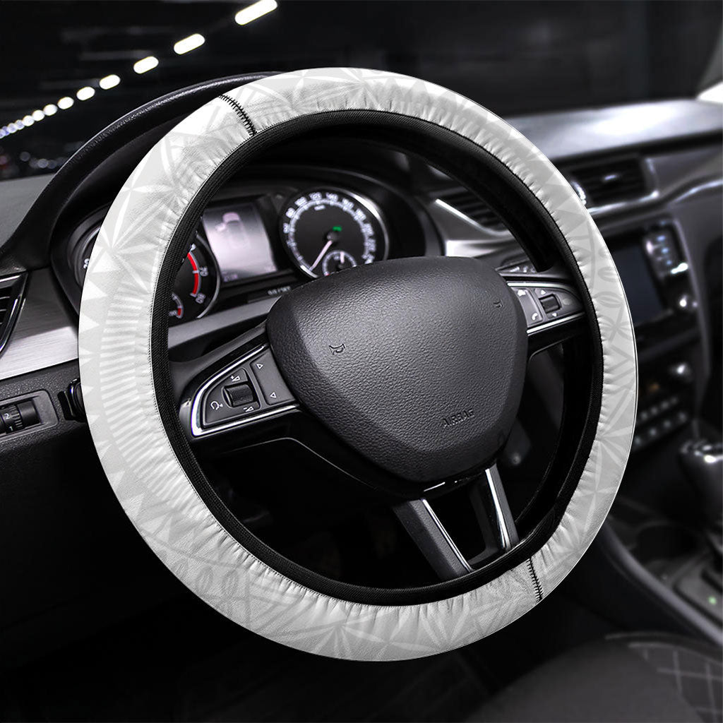 Niue White Sunday Steering Wheel Cover Niuean Hiapo With Puakenikeni Lei