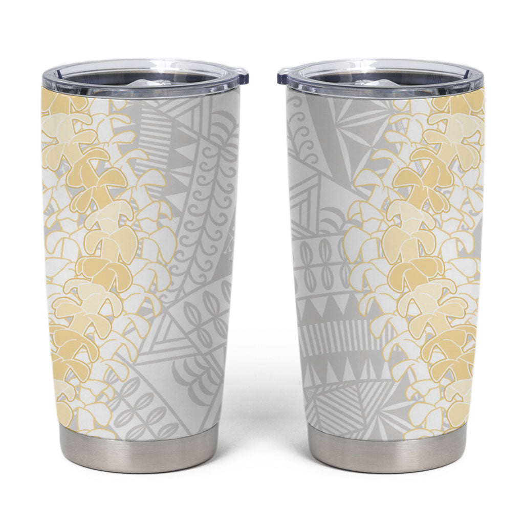 Niue White Sunday Tumbler Cup Niuean Hiapo With Puakenikeni Lei