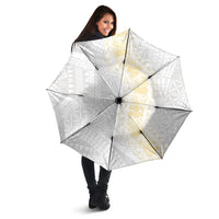 Niue White Sunday Umbrella Niuean Hiapo With Puakenikeni Lei