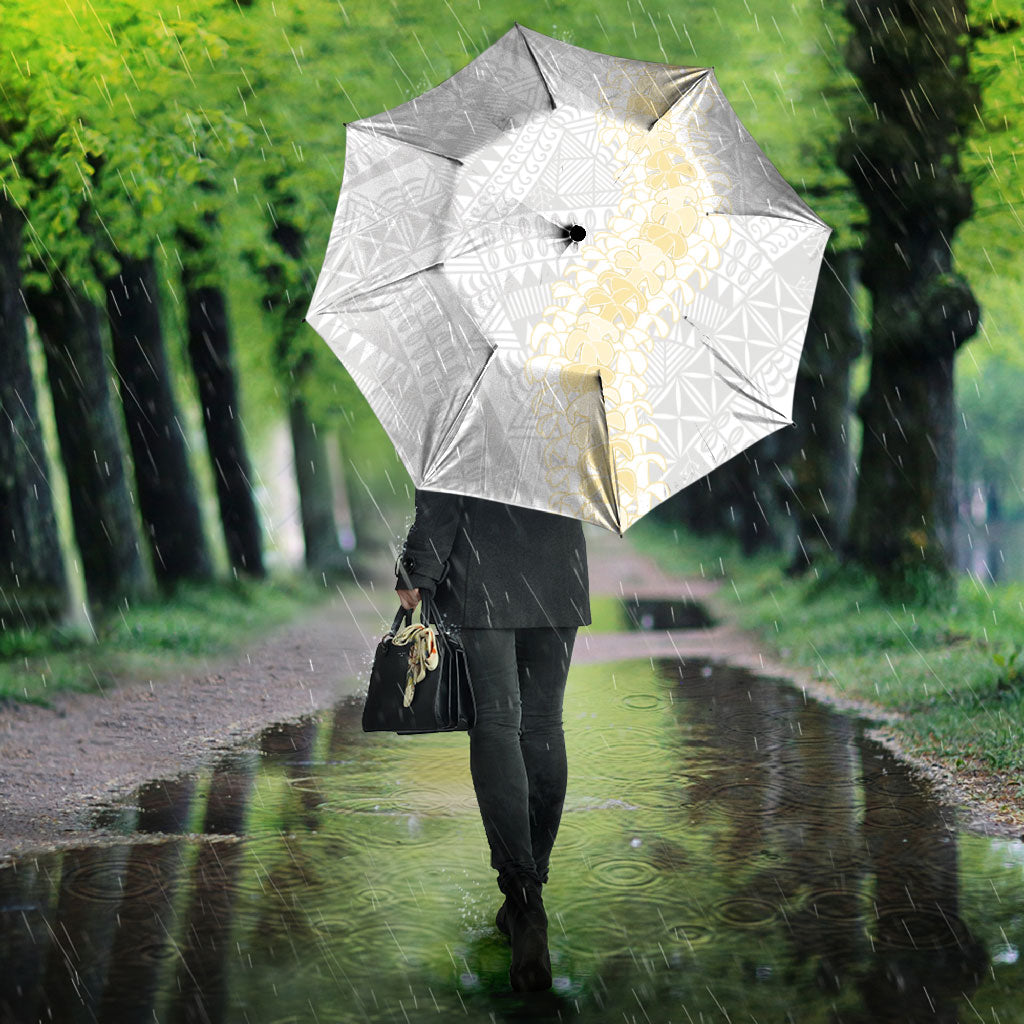 Niue White Sunday Umbrella Niuean Hiapo With Puakenikeni Lei