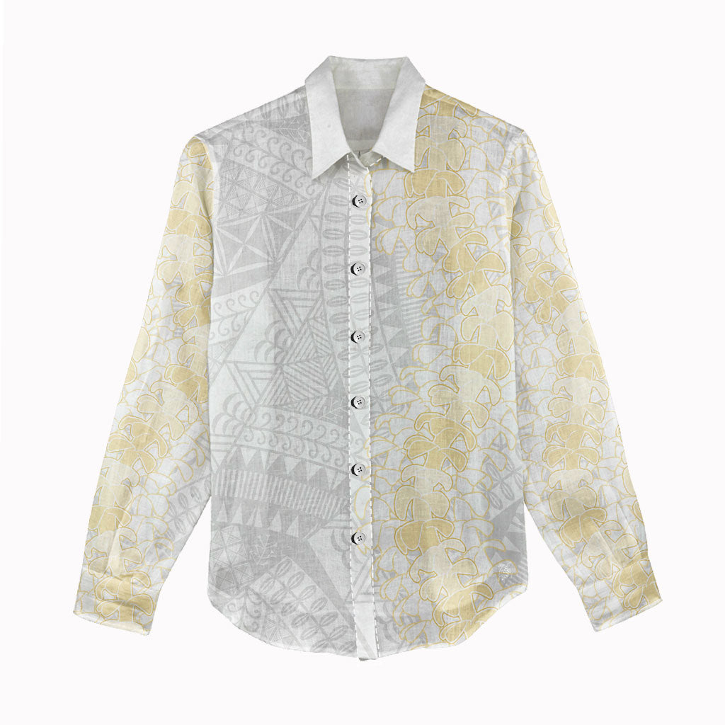 Niue White Sunday Women Casual Shirt Niuean Hiapo With Puakenikeni Lei