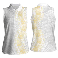 Niue White Sunday Women Sleeveless Polo Shirt Niuean Hiapo With Puakenikeni Lei