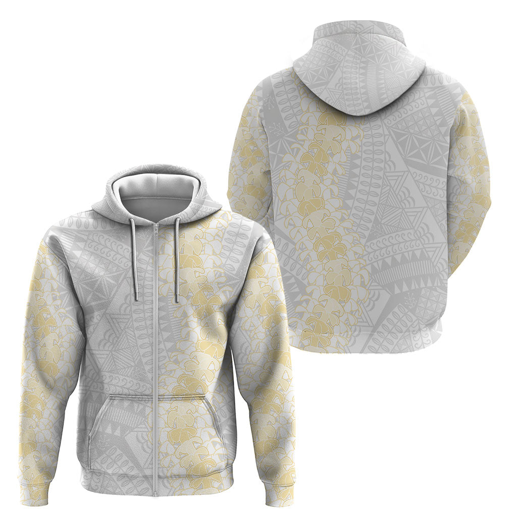 Niue White Sunday Zip Hoodie Niuean Hiapo With Puakenikeni Lei