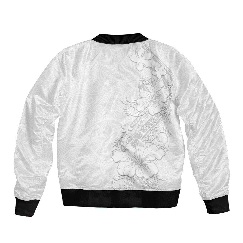 American Samoa White Sunday Bomber Jacket Polynesian Pattern With Tropical Flowers
