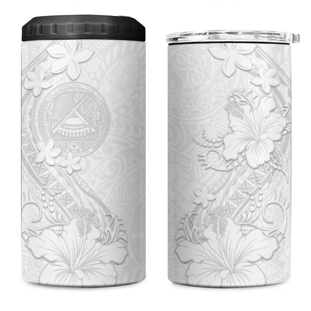 American Samoa White Sunday 4 in 1 Can Cooler Tumbler Polynesian Pattern With Tropical Flowers