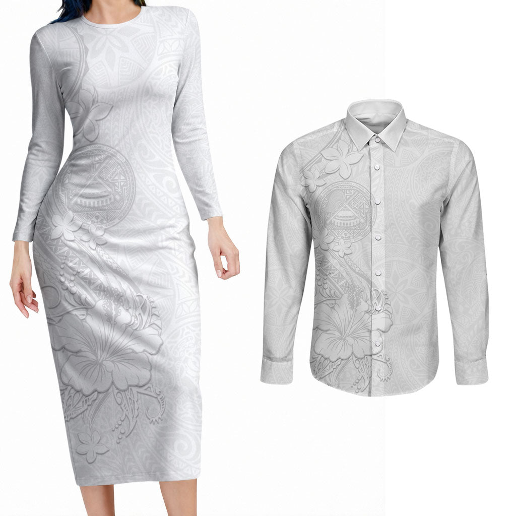 American Samoa White Sunday Couples Matching Long Sleeve Bodycon Dress and Long Sleeve Button Shirt Polynesian Pattern With Tropical Flowers