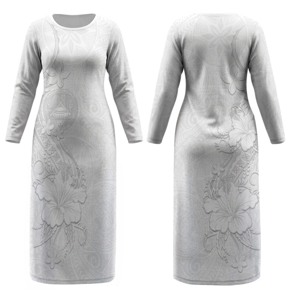 American Samoa White Sunday Couples Matching Long Sleeve Bodycon Dress and Long Sleeve Button Shirt Polynesian Pattern With Tropical Flowers
